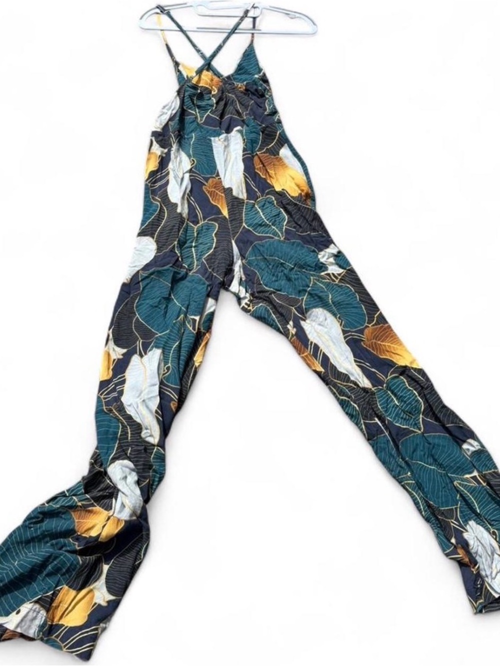 aerie Teal Green Floral Wide-Leg Jumpsuit with Mustard & White Leaves